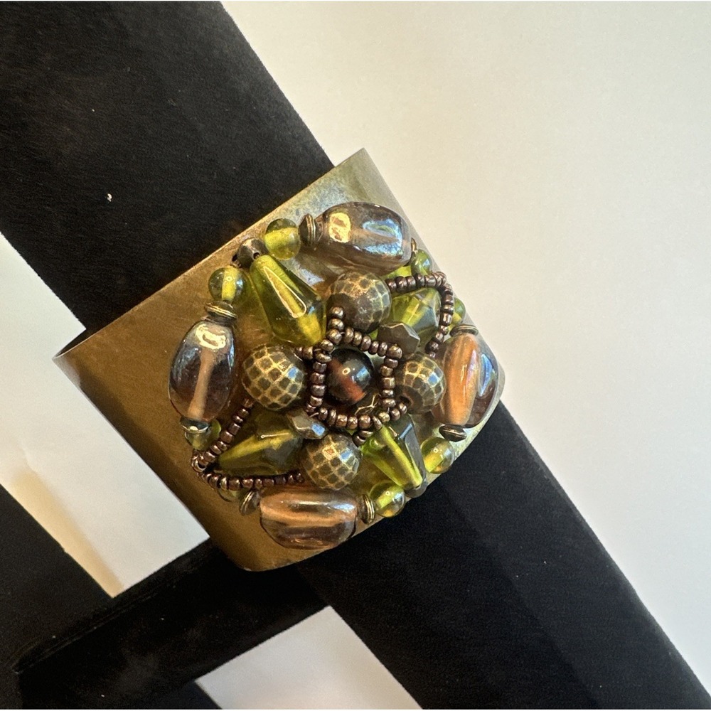 Vintage Artisan Brass Wide Cuff Bracelet Green & Brown Beaded Medallion Boho